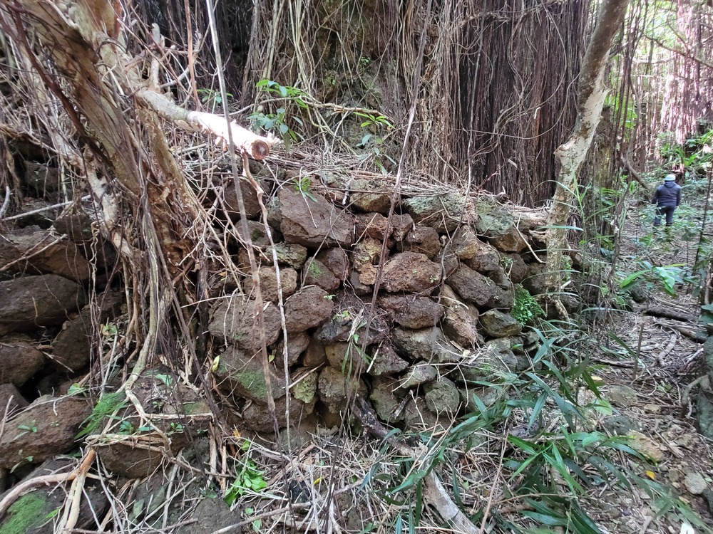 採掘現場に降りる通路を支えた石積みの擁壁