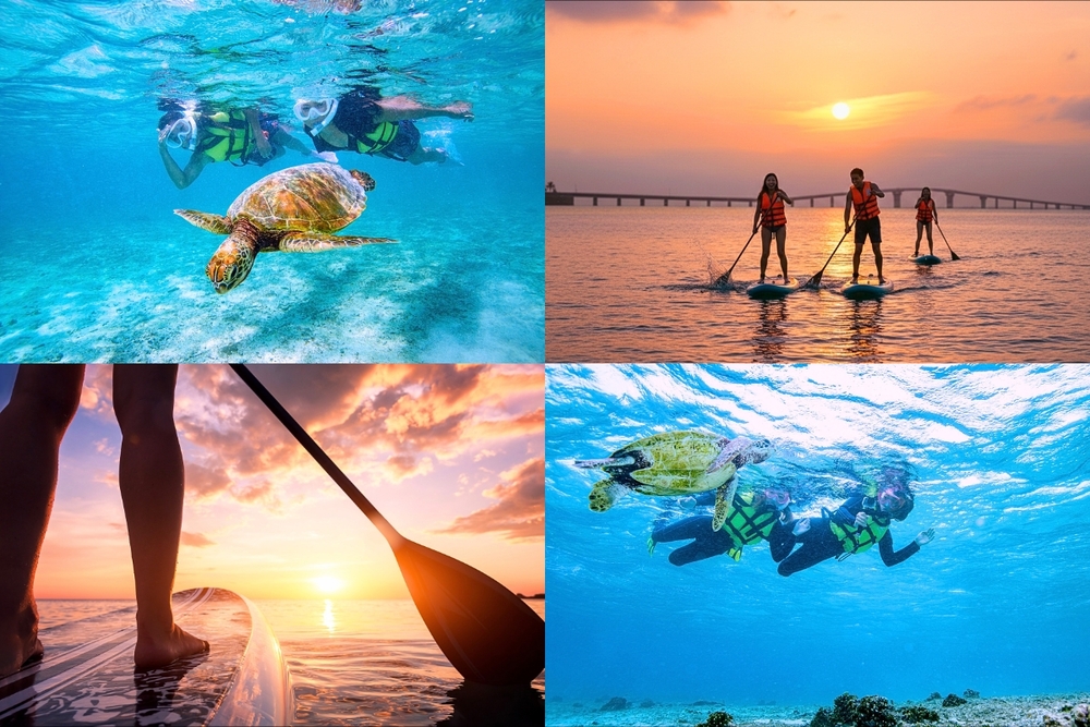 【宮古島｜お得なセットプラン】ウミガメシュノーケル＆サンセットSUPツアー｜再チャレンジ無料保証｜GoPro写真＆動画無料｜温水シャワー、ドライヤー完備♪