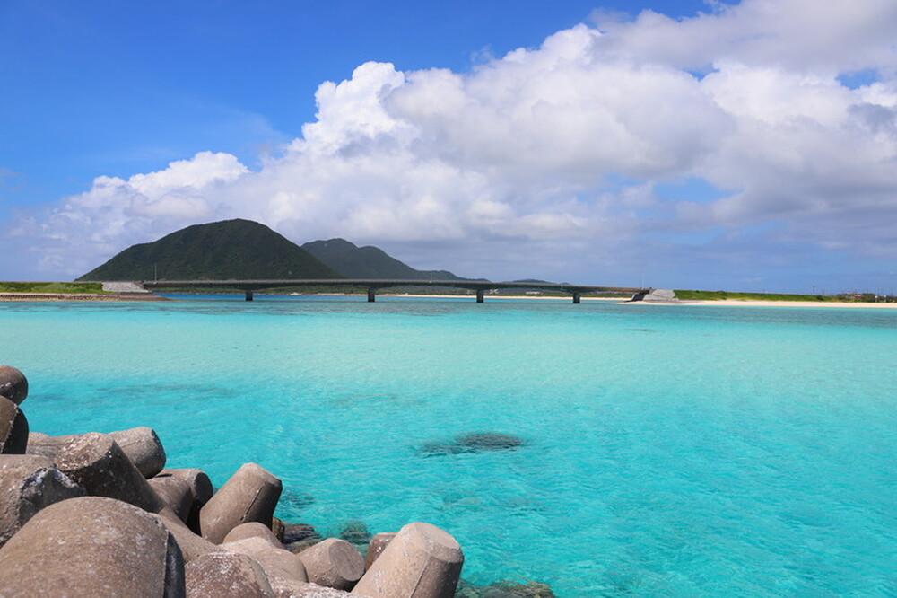 一緒に伊平屋島と野甫島を繋ぐ野甫大橋へ行きましょう！橋の上から透き通る海の中をご紹介します。サンゴやお魚、運が良ければウミガメも見れるかも！